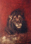 „Redwind and Lion“ (2005) – Ölmalerei in fossiler Technik. Ausdrucksstarker Löwe vor tiefrotem Hintergrund, kraftvolle rote Malerei mit archaischer Anmutung. Atelier Hellbusch.