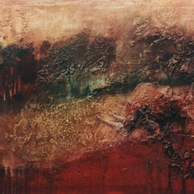 Redwind and Rhinoceros – Ölmalerei 2005, Nashorn in roter und brauner Farbkomposition, fossile Maltechnik mit strukturierter Oberfläche, expressive Tierkunst, Atelier Hellbusch.