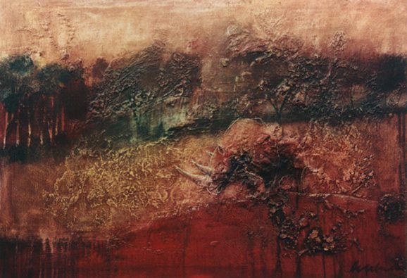 Redwind and Rhinoceros – Ölmalerei 2005, Nashorn in roter und brauner Farbkomposition, fossile Maltechnik mit strukturierter Oberfläche, expressive Tierkunst, Atelier Hellbusch.