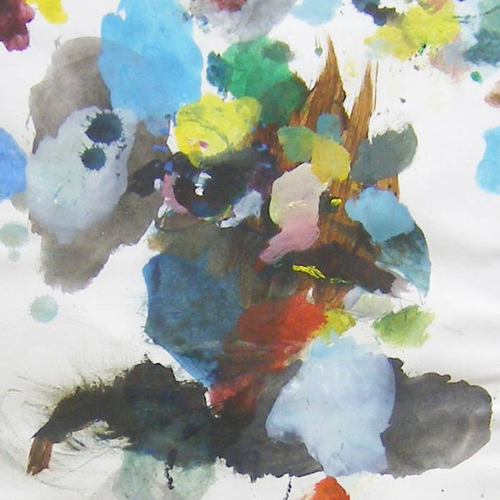 Abstraktes Gemälde „Seltener Adler“ mit intensiven Farbflächen in Blau, Gelb und Rot, expressive Papierarbeit mit angedeutetem Tiermotiv, Atelier Hellbusch