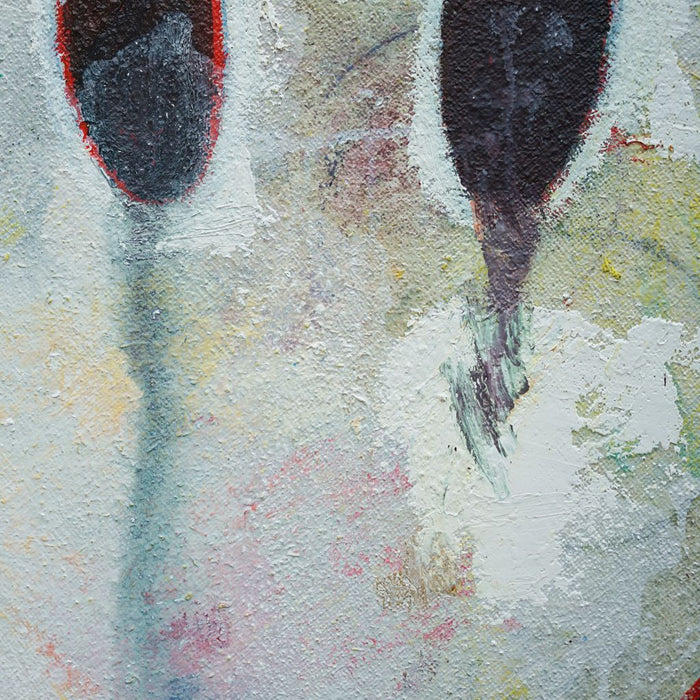 Smiley V (Nahaufnahme) – rundes weißes Smiley-Gemälde aus der Serie Schmiertafel von Mark Hellbusch