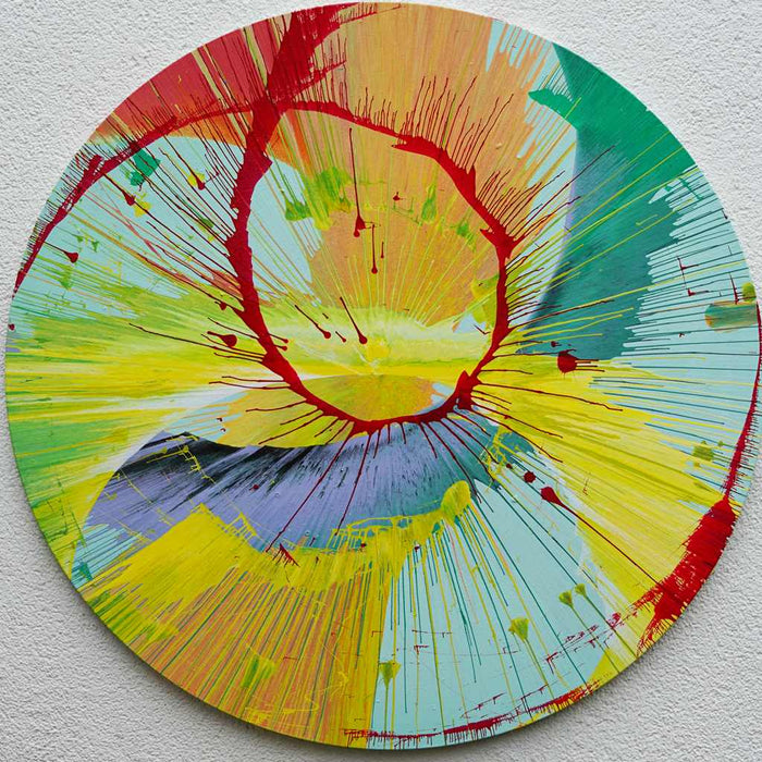 Rundes Gemälde „Splash 13“ in Gelb, Rot, Türkis und Violett, abstrakte Acrylmalerei mit strahlenförmigen Linien und dynamischen Farbkontrasten, Atelier Hellbusch