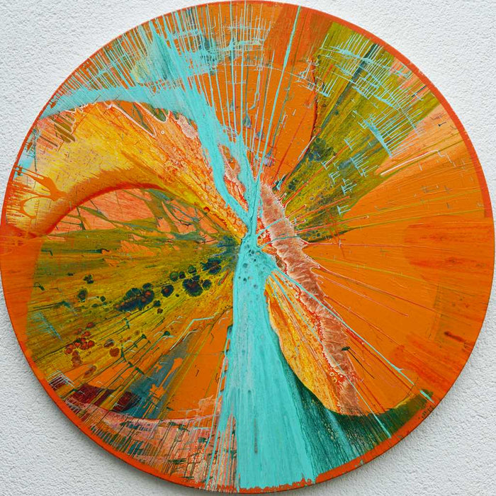 Rundes Gemälde „Splash 37“ in leuchtendem Orange, Türkis und Gelb, abstrakte Acrylmalerei mit strahlenförmiger Dynamik und kraftvoller Farbwirkung, Atelier Hellbusch