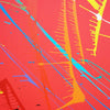 Modernes, rundes Bild Splash 55 (Nahansicht): Rote Leinwand mit dynamischen Farbspritzern in Blau, Grün, Gelb, Orange und Weiß. Zeitgenössische, abstrakte Kunst von Mark Hellbusch, 2024.