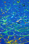 Dynamisches Gemälde in Blau (Nahaufnahme), "Splash 56" mit 140 cm Durchmesser, 2024 von Mark Hellbusch gemalt.
