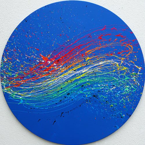 Dynamisches Gemälde in Blau, "Splash 56" mit 140 cm Durchmesser, 2024 von Mark Hellbusch gemalt.