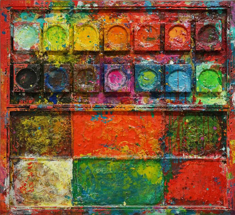 "Stierkampf" zeigt einen riesigen Farbkasten in der Größe 110 x 100 x 5 cm. In den Mischfächer (unten) sind braune, orangene, grüne, rote und weiße, oben in den Tellern die üblichen Farben einer Palette. In den Zwischenräumen sind bunte Kleckse und Flecken sichtbar. Modernes Gemälde. ARTLET - Atelier Hellbusch