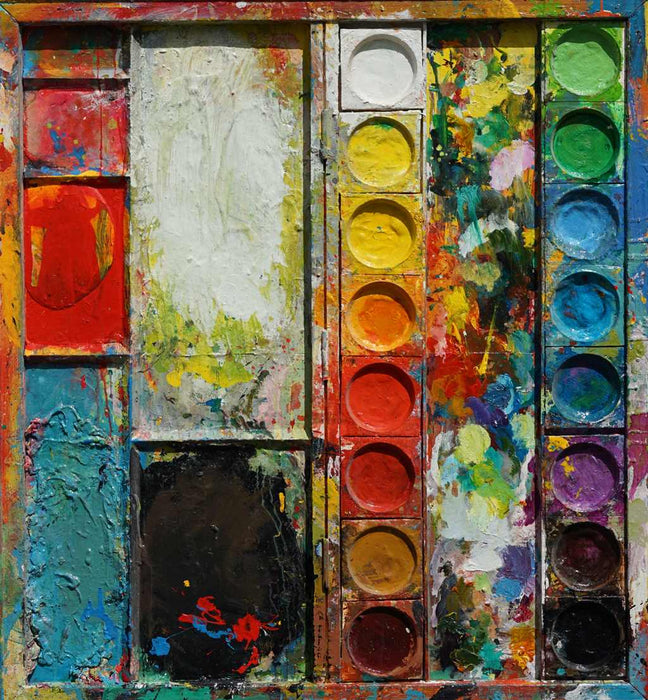 Abstraktes Farbkasten-Gemälde „Stillleben mit Obst“ (100 × 110 × 4 cm, 2012) – Mischtechnik auf Objekt von Mark Hellbusch. Kräftige Farbfelder in Rot, Gelb, Grün, Blau und Schwarz, kombiniert mit runden Farbtellern. Heute in Privatbesitz.