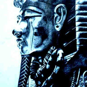 Tutanchamun – Bleistiftzeichnung auf Papier, Profilansicht der ägyptischen Maske, Jugendwerk 1990, Atelier Hellbusch.