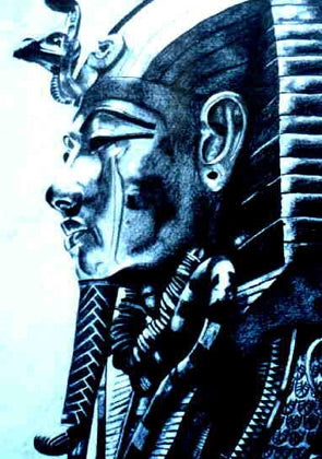 Tutanchamun – Bleistiftzeichnung auf Papier, Profilansicht der ägyptischen Maske, Jugendwerk 1990, Atelier Hellbusch.