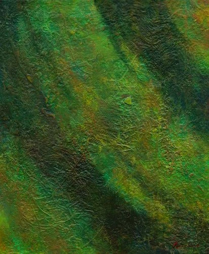 Steven | moderne Malerei in Grün zeigt eine Landschaft (70 x 60 cm). Grüne Farben - begleitet mit blau, violett, ocker und gelb - ergeben eine Komposition, die sich durch hellgrüne und dunkelgrüne abstrakte Formen ergibt. Sie erinnern an Schatten eines Sturmtiefs. Die Lasuren in Verbindung mit der haptischen Grundierung ergeben ein hochwertiges Gemälde. Das moderne, abstrakte Gemälde kann man auch online kaufen. Grüne Malerei. ARTLET | Atelier Hellbusch.