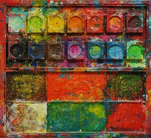 "Stierkampf" zeigt einen riesigen Farbkasten in der Größe 110 x 100 x 5 cm. In den Mischfächer (unten) sind braune, orangene, grüne, rote und weiße, oben in den Tellern die üblichen Farben einer Palette. In den Zwischenräumen sind bunte Kleckse und Flecken sichtbar. Modernes Gemälde. ARTLET | Atelier Hellbusch