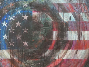 America | zeitgenössisches, großformatiges Gemälde in blau, weiß, rot und braun zeigt die amerikanische Flagge (Ausschnitt). Die Flagge ist verknüpft mit einem Wirbel. Sie erinnert an Schatten eines Sturmtiefs. Die Lasuren in Verbindung mit der haptischen Grundierung ergeben einen edlen Eindruck des modernen Gemäldes. Die zeitgenössische Malerei kann man auch online kaufen. Zeitgenössische Malerei. ARTLET | Atelier Hellbusch.