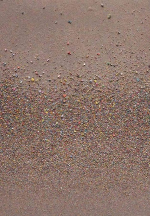 Das Bild zeigt Marsfeld CLIV, ein experimentelles Gemälde aus Farbresten (Größe: 70 x 50 cm). Die Brocken bestehen aus zerschlagenen Ölfarben, Acrylfarben und Lacke, die auf der Palette getrocknet waren. Über die Größenunterschiede der Farbbrocken entsteht eine Komposition, die an den Strand erinnert. Experimentelles Gemälde. ARTLET | Atelier Hellbusch.